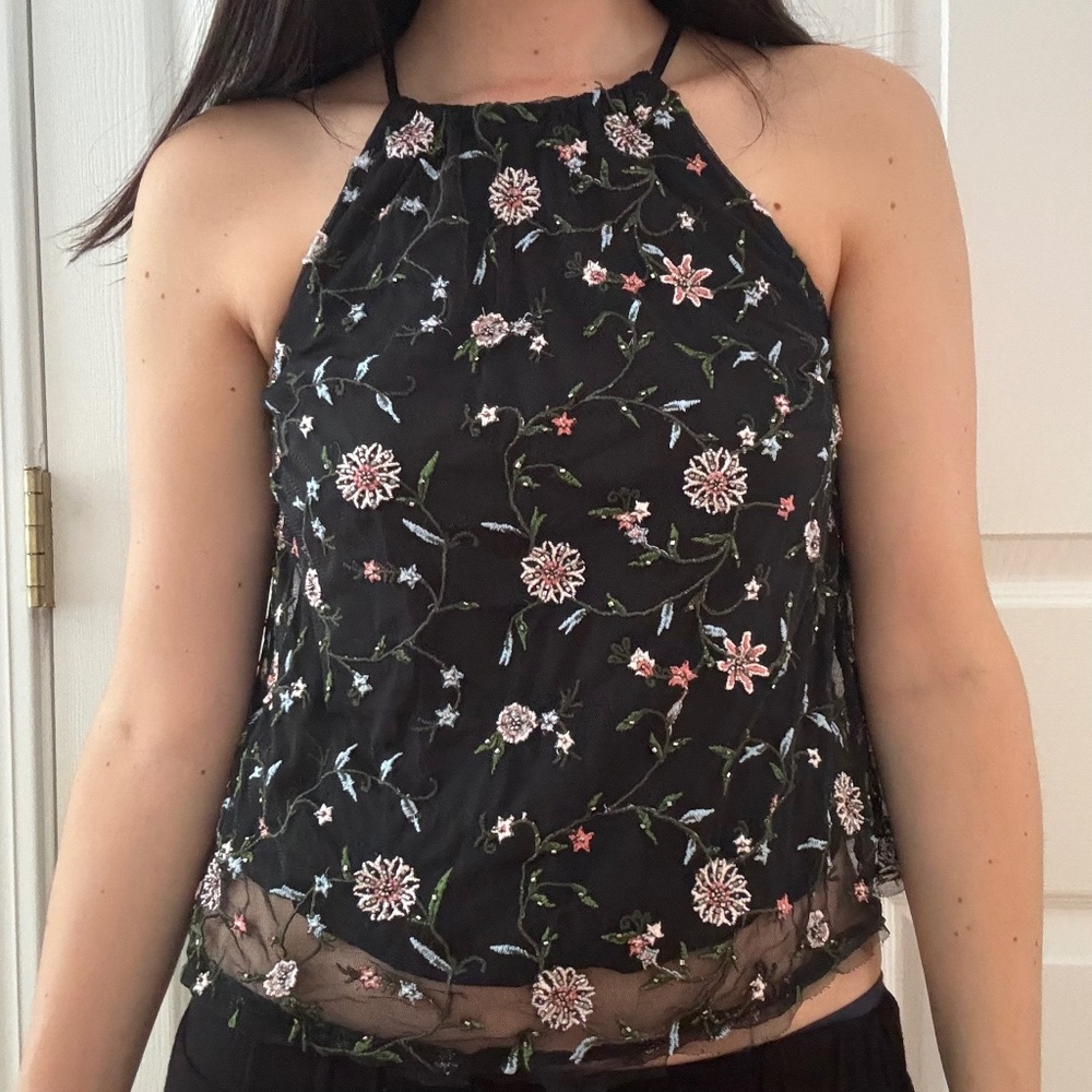 Abercrombie Black Embroidered Floral Beaded Sleeveless Top